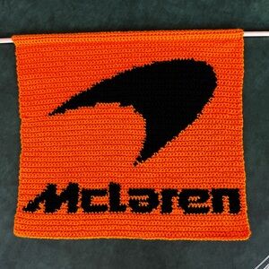 Hand Crocheted McLaren Logo Tapestry for F1–Indycar—Car Enthusiasts!